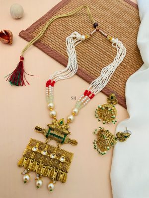 Matte Finish Pearl Drop Kundan Necklace With Jhumkas