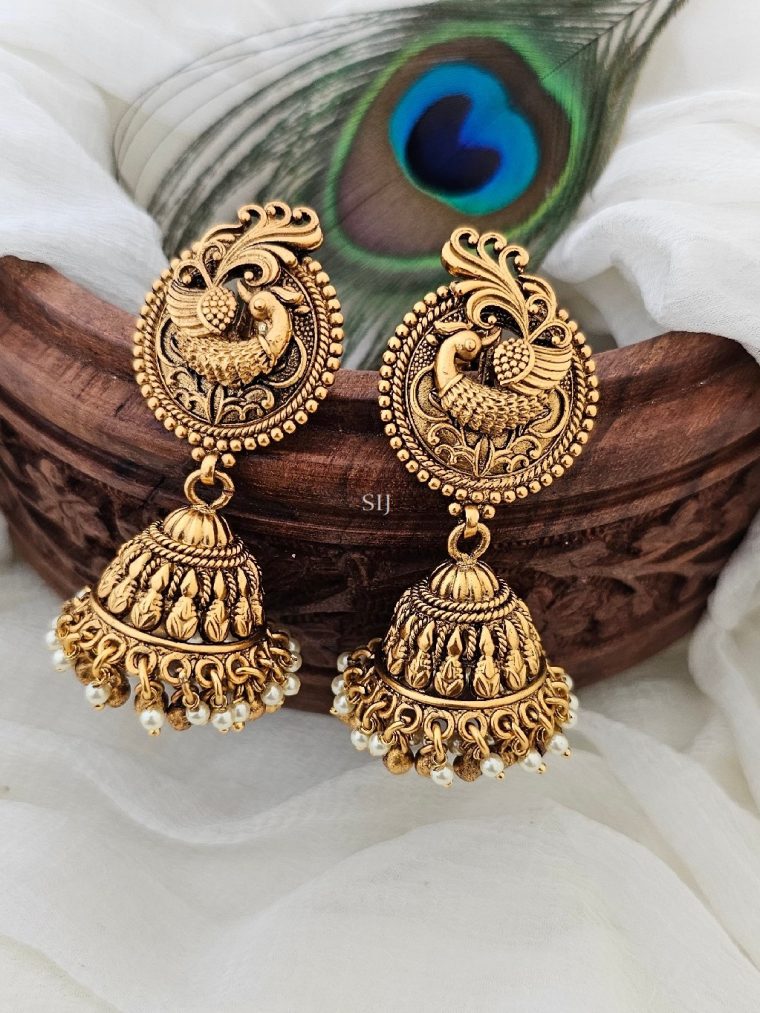 Peacock Design Pearl Drop Jhumkas