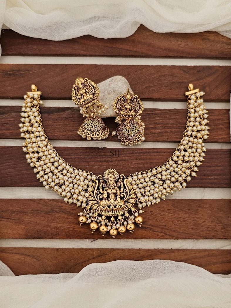 Pearl Studded Lakshmi Necklace With Jhumkas