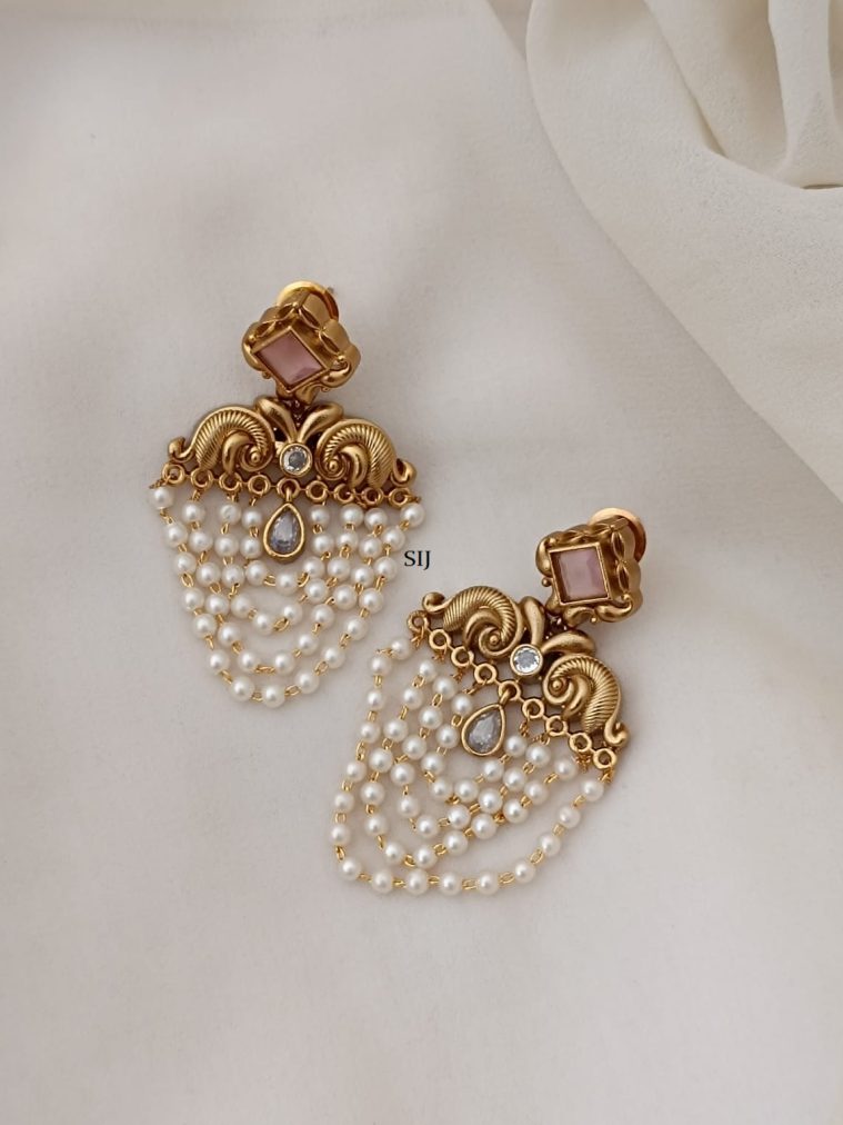 Pink And White Colour Stone Layered Pearl Earrings