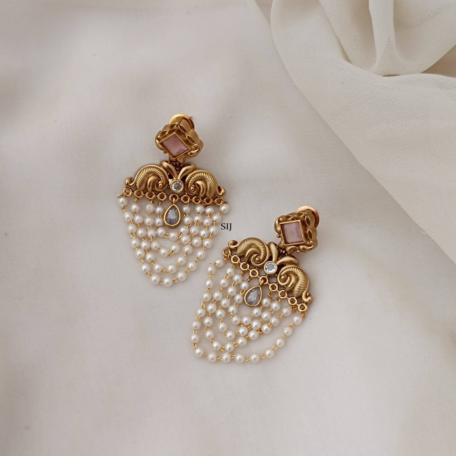 Pink And White Colour Stone Layered Pearl Earrings