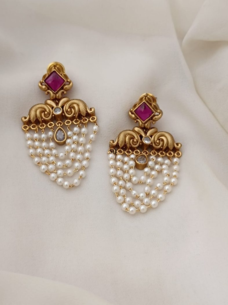 Ruby And White Colour Stone Layered Pearl Earrings