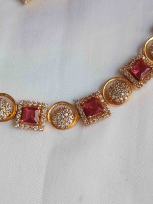 Ruby Stone Square And Round Shape AD Necklace