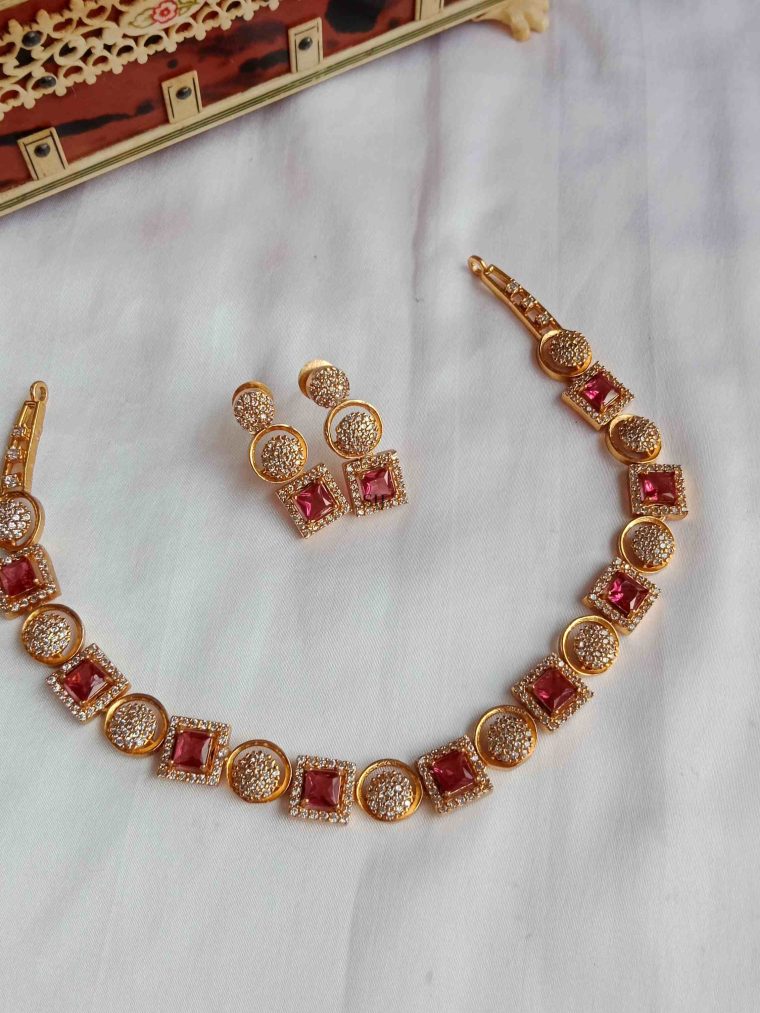 Ruby Stone Square And Round Shape AD Necklace