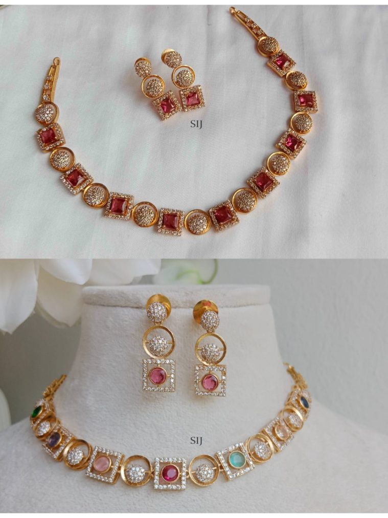 Ruby Stone Square and Round Shape AD Necklace