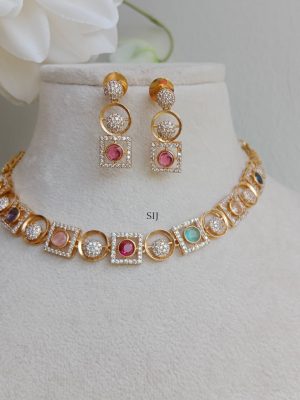 Ruby Stone Square and Round Shape AD Necklace