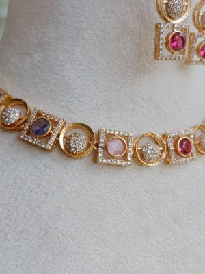 Ruby Stone Square and Round Shape AD Necklace