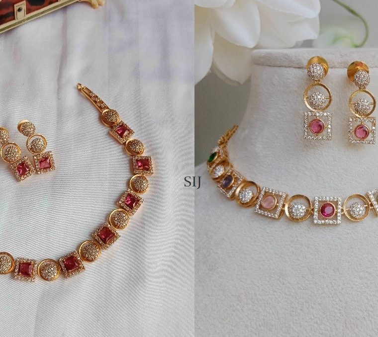 Ruby Stone Square and Round Shape AD Necklace