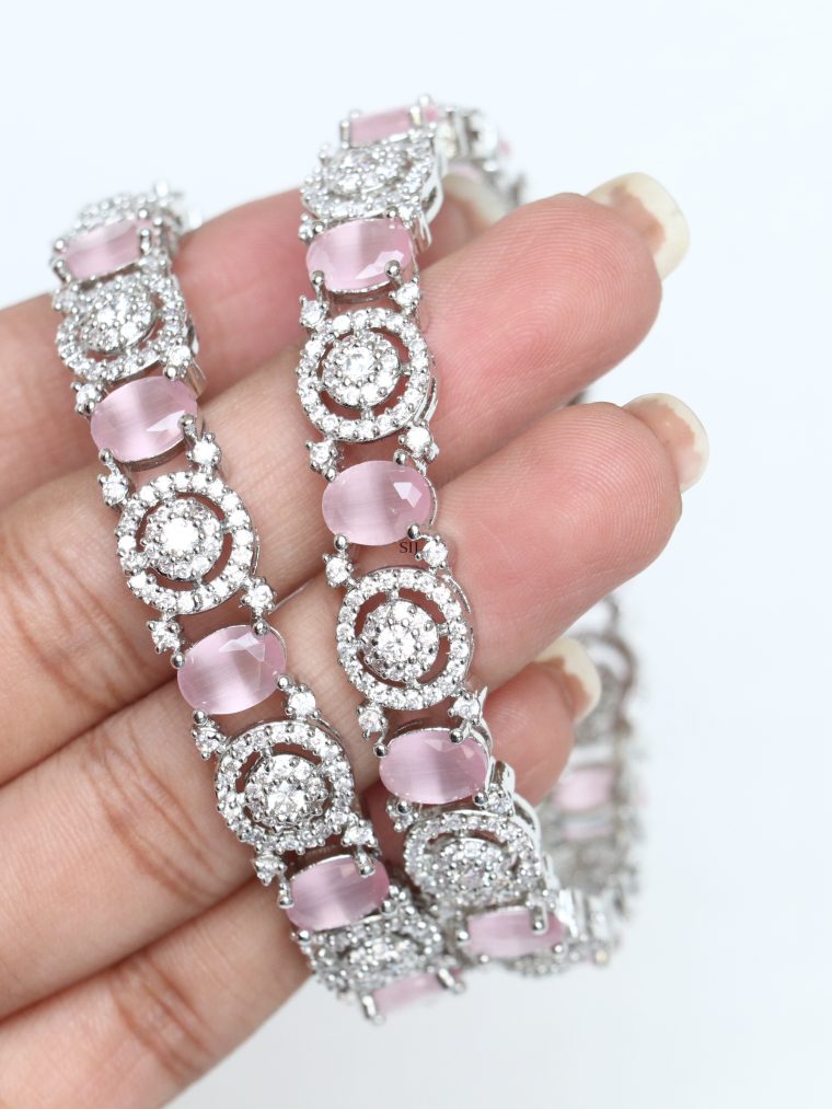 Silver Finish Oval Cut Pink Stone AD Bangles