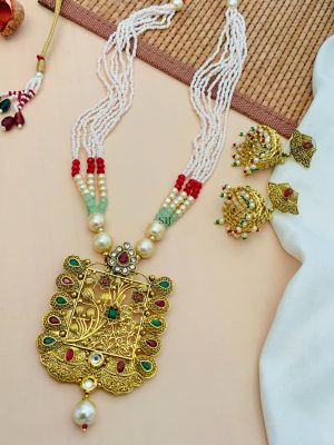 Square Shape Pendant Pearl Drop Necklace With Jhumkas