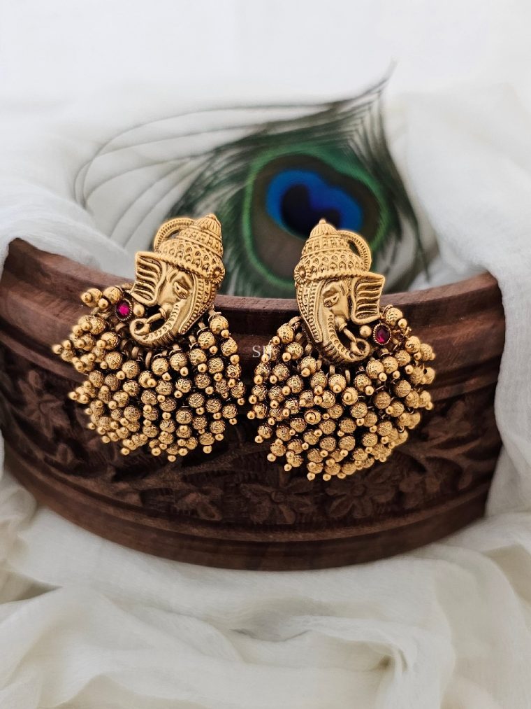 Traditional Ganesh Golden Beads Earrings