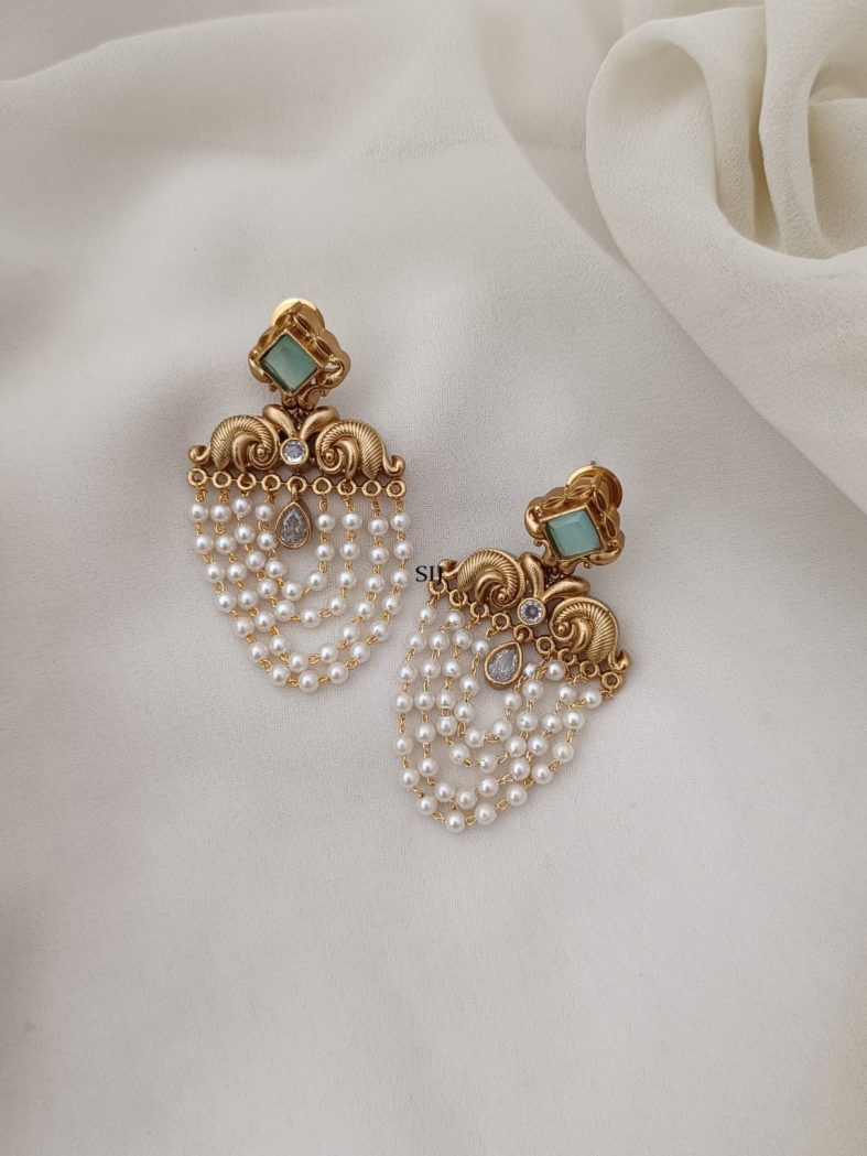 Turquoise And White Colour Stone Layered Pearl Earrings