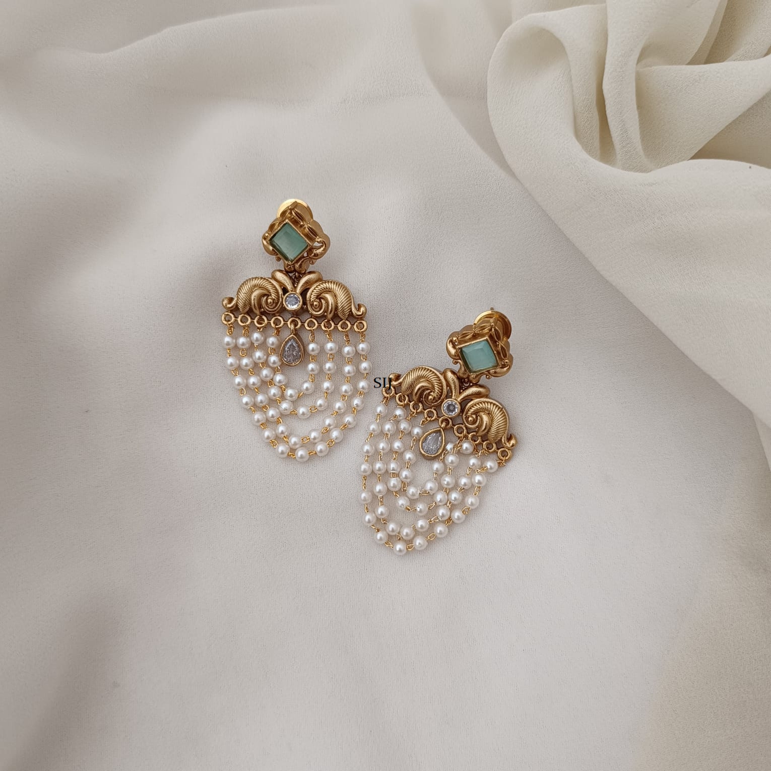Turquoise And White Colour Stone Layered Pearl Earrings