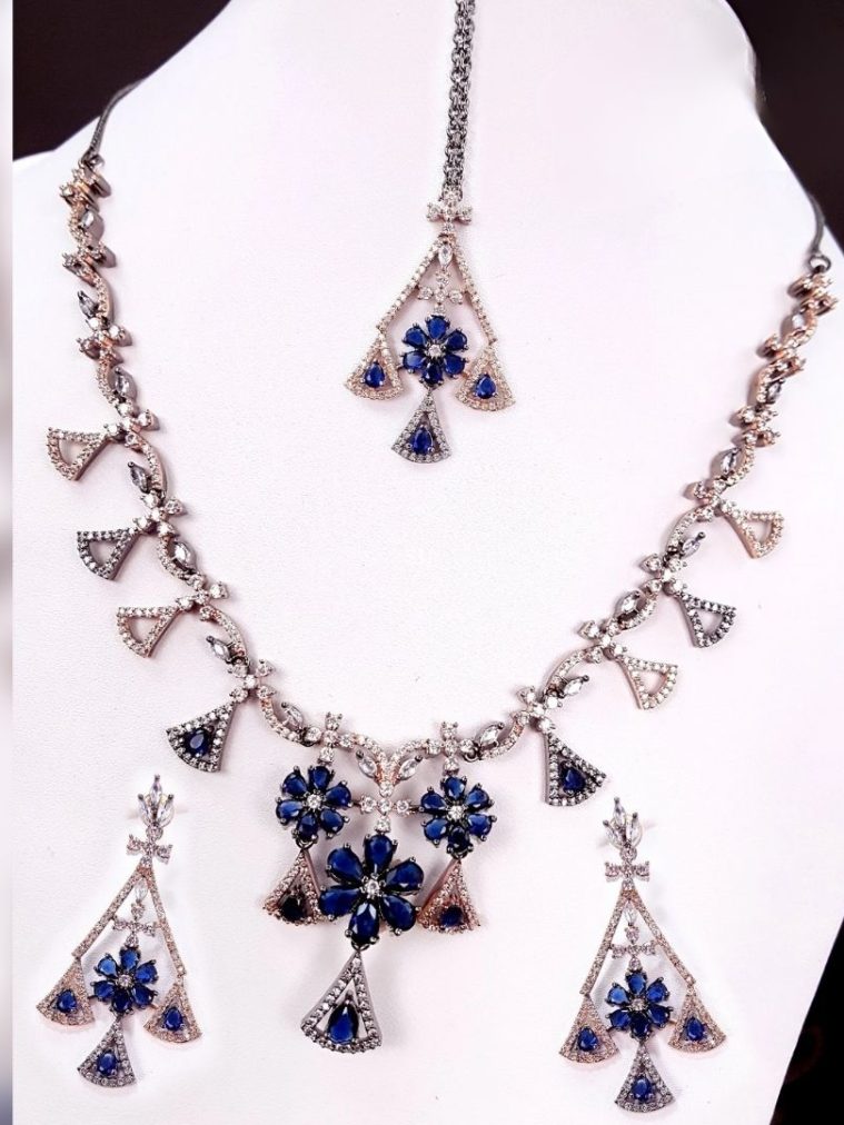 Victorian Rose Gold Blue Stone Necklace Jewellery Set