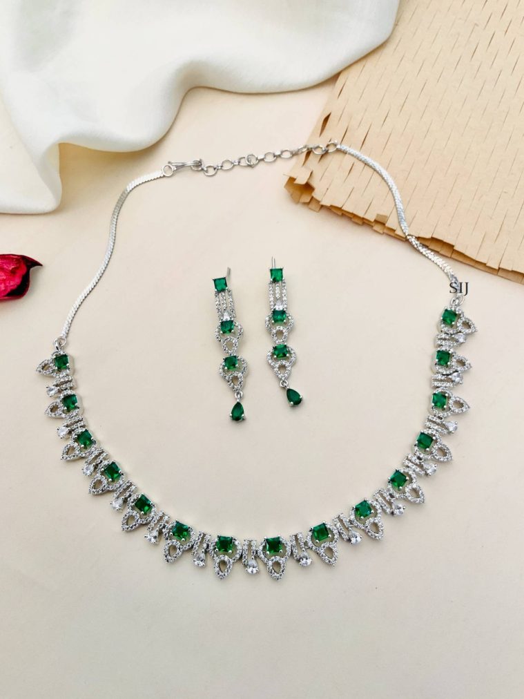 Imitation Silver Plated Green And White AD Stone Necklace Set