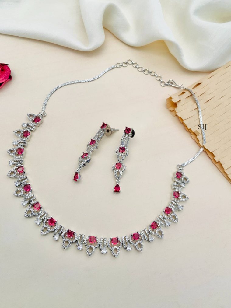 Artificial Silver Plated Red And White AD Stone Necklace Set