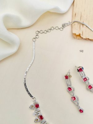 Artificial Silver Plated Red And White AD Stone Necklace Set