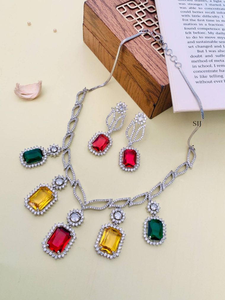 Imitation Silver Plated Multi Colour AD Stone Necklace Set