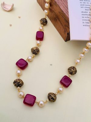 Big Maroon Red Beads and Pearls Single Line Chain