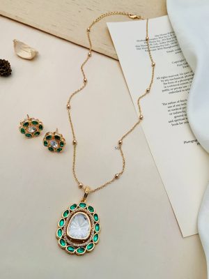 One Gram Gold Chain with Oval Shape Green Kundhan Pendant