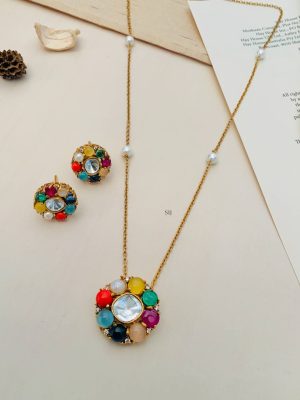 Gold Plated Navaratna Stones Pendant Chain