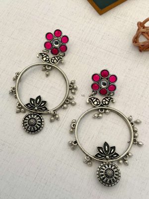 German Silver Floral Drop Design Hoop Earrings