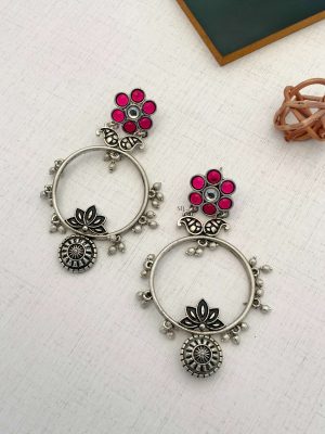 German Silver Floral Drop Design Hoop Earrings