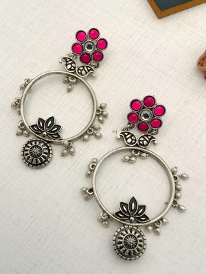 German Silver Floral Drop Design Hoop Earrings