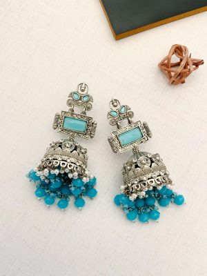 Sky Blue Stone Earrings with Blue Beads and Pearl Drop Jhumkas