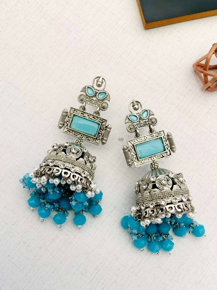 Sky Blue Stone Earrings with Blue Beads and Pearl Drop Jhumkas