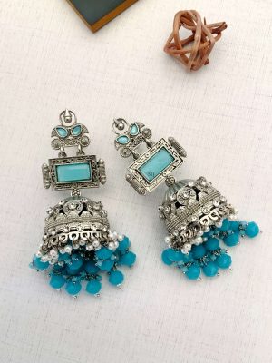 Sky Blue Stone Earrings with Blue Beads and Pearl Drop Jhumkas