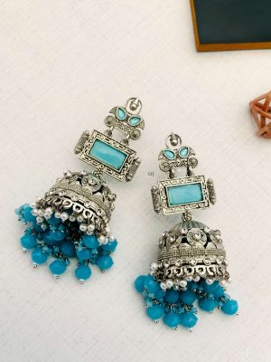 Sky Blue Stone Earrings with Blue Beads and Pearl Drop Jhumkas