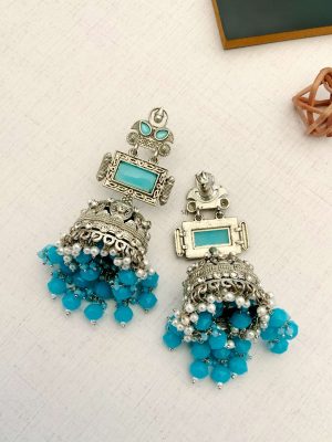 Sky Blue Stone Earrings with Blue Beads and Pearl Drop Jhumkas