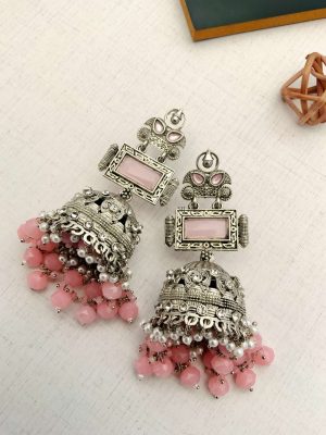 Baby Pink Stone Earrings with Pink Beads and Pearl Drop Jhumkas