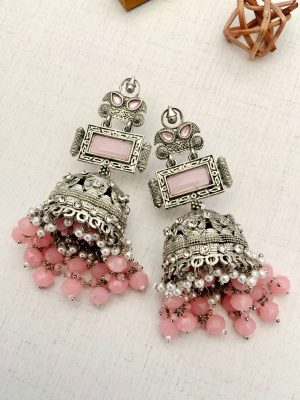 Baby Pink Stone Earrings with Pink Beads and Pearl Drop Jhumkas