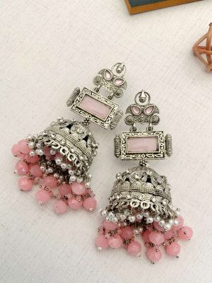 Baby Pink Stone Earrings with Pink Beads and Pearl Drop Jhumkas