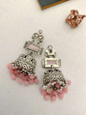 Baby Pink Stone Earrings with Pink Beads and Pearl Drop Jhumkas