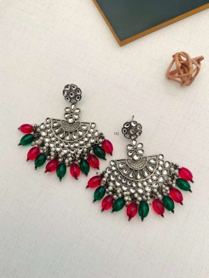 German Silver Flower Design Kundan Earrings with Green and Red Beads