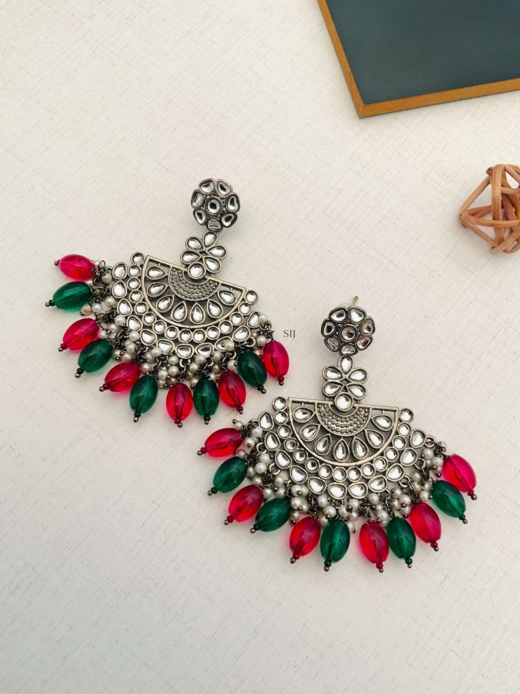 German Silver Flower Design Kundan Earrings with Green and Red Beads