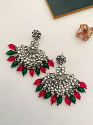 German Silver Flower Design Kundan Earrings with Green and Red Beads