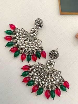 German Silver Flower Design Kundan Earrings with Green and Red Beads