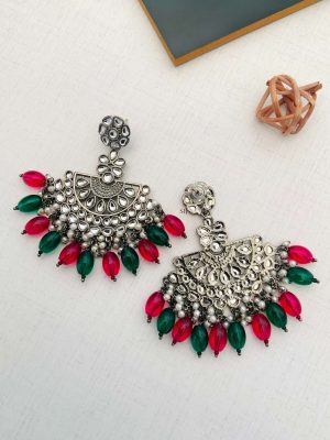 German Silver Flower Design Kundan Earrings with Green and Red Beads