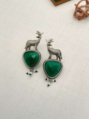 German Silver Deer Earrings with Green Stones