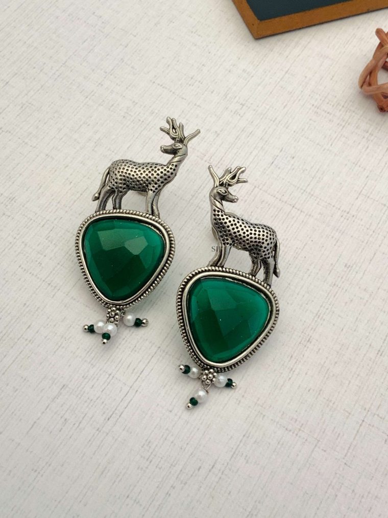 German Silver Deer Earrings with Green Stones