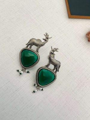 German Silver Deer Earrings with Green Stones