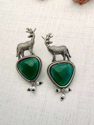 German Silver Deer Earrings with Green Stones