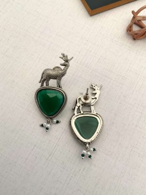 German Silver Deer Earrings with Green Stones