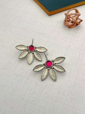 Pink Stone Half Flower Design Hook Earrings