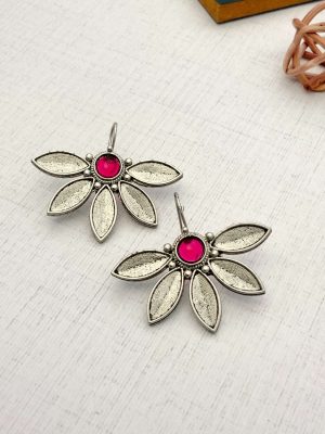 Pink Stone Half Flower Design Hook Earrings