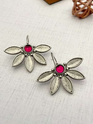 Pink Stone Half Flower Design Hook Earrings